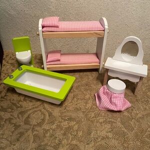 Wooden Dollhouse Furniture Set with Pink and Green Accents